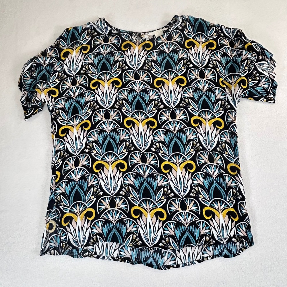 HM Womens Art Deco Floral Blouse‎ Black Teal Yellow Viscose Size 4 Short Sleeve